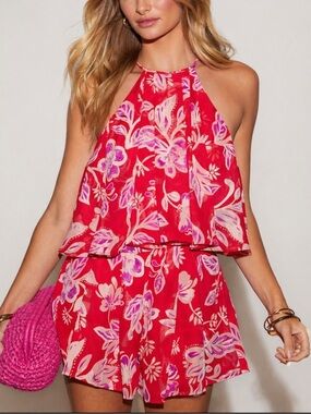 Vici Red Floral Halter Romper